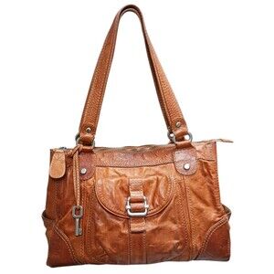 Vtg Fossil Brown Leather Shoulder Tote Bag + Key Charm Rumpled Style 90's Y2K